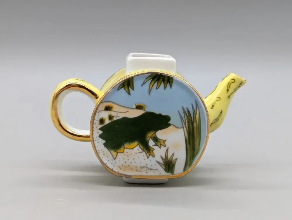 Vivian Chan 2000 Miniature Porcelain Teapot Yellow Green Painted Frog Design